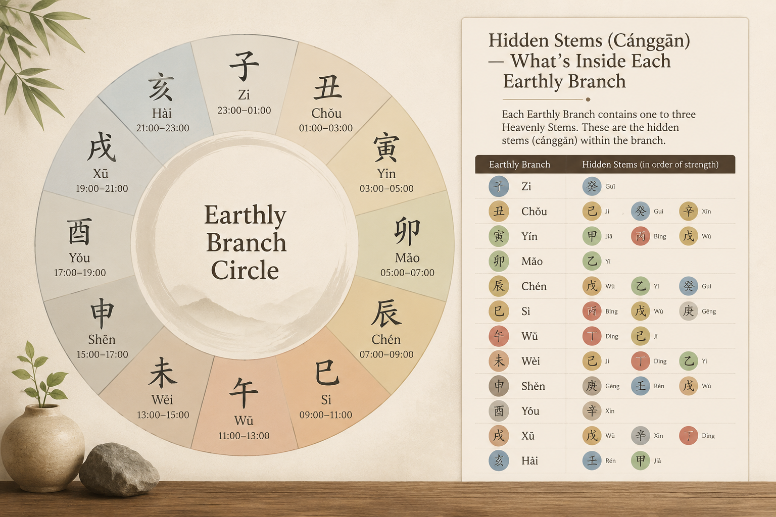 Diagram of a traditional Earthly Branch circle with each branch labeled and a sidebar showing the hidden stem breakdown, rendered in a clean editorial style with muted earth tones
