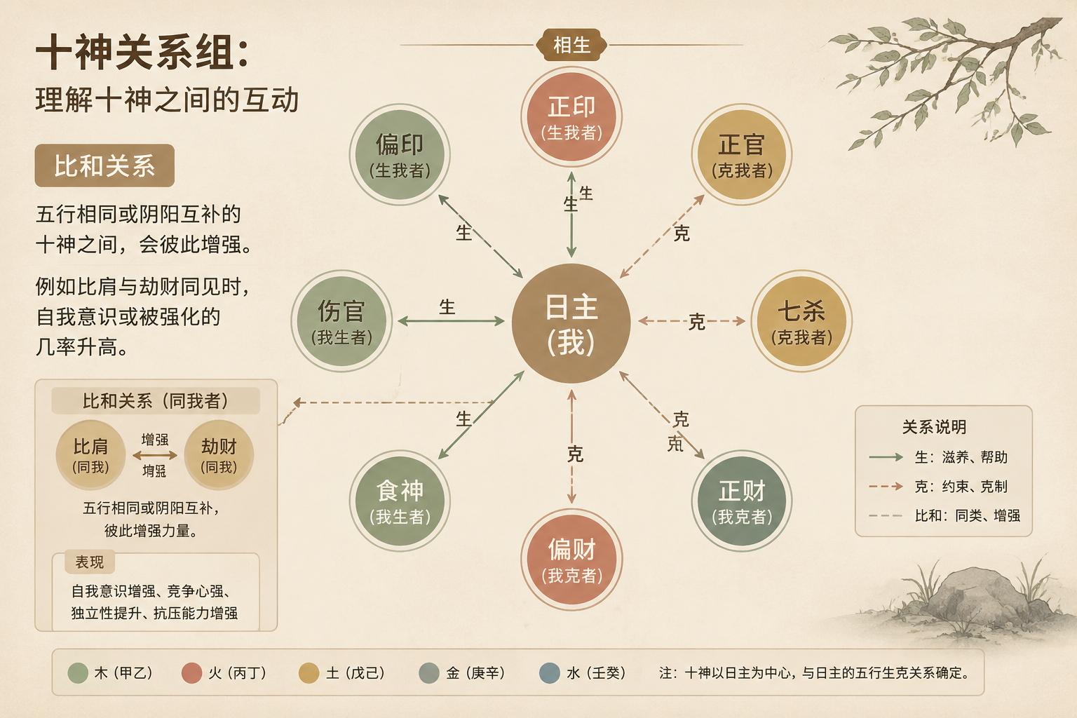 一张结构化的十神相生相克关系图,以日主为中心向四周辐射,使用柔和的土色系和清晰的连线和标注。