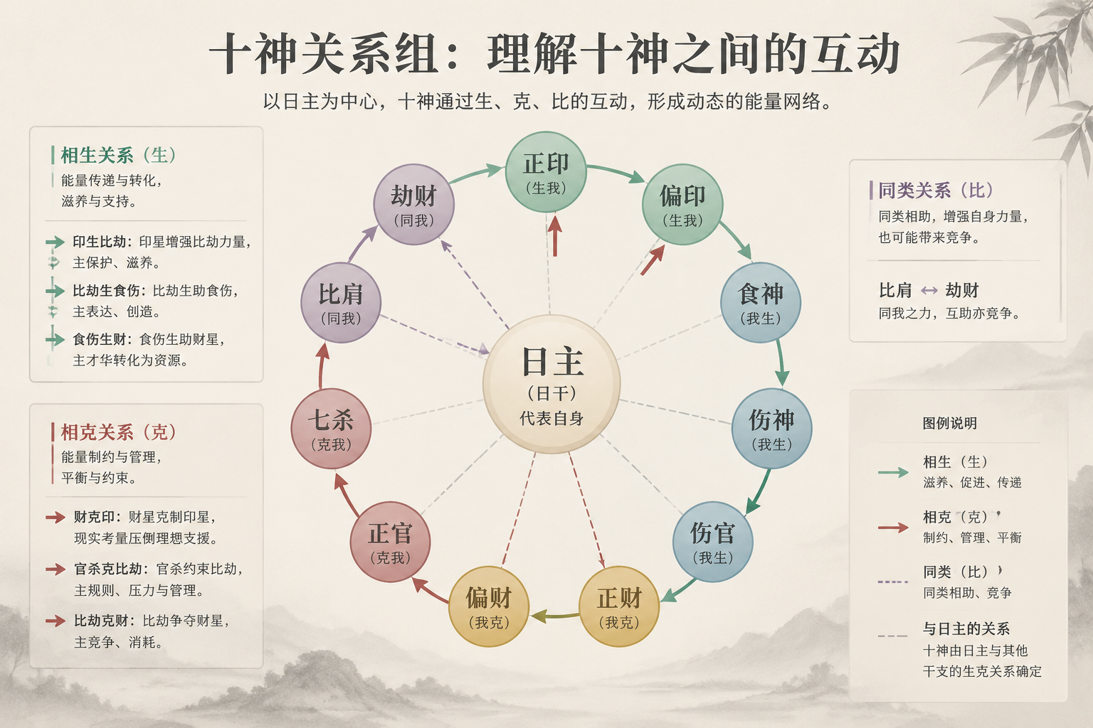 一张低饱和度的中文八字互动示意图,用安静的色彩和箭头展示日主与十神之间的相生、相克关系。