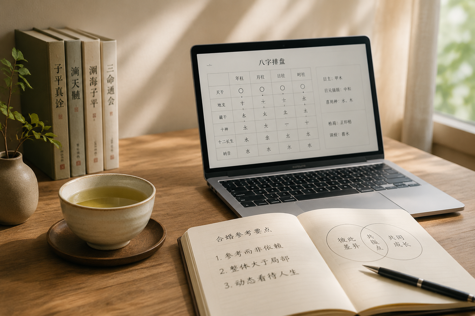 一个安静的桌面，放置着打开的笔记本和一杯清茶，笔记本页面隐约可见八字排盘的简笔结构，旁边一支笔，光线柔和自然