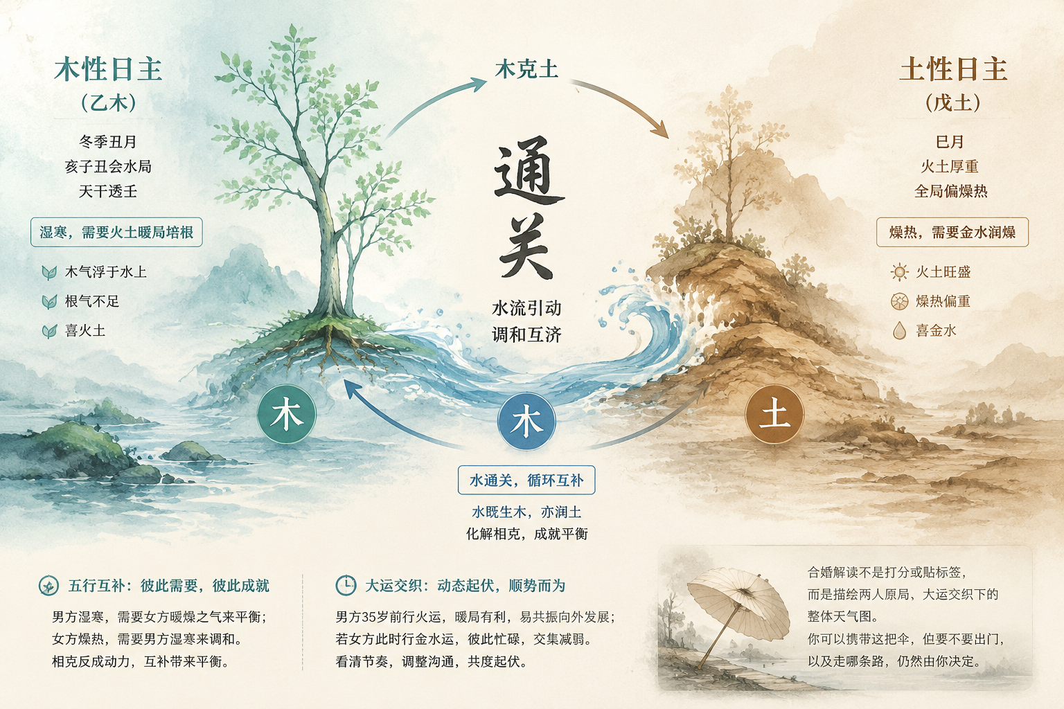 一幅柔和的水墨风格概念图，左侧浅青色代表木性日主，右侧浅棕色代表土性日主，中间有水流引动将两者连接，形成木克土而水通关的循环，旁边标注“通关”字样