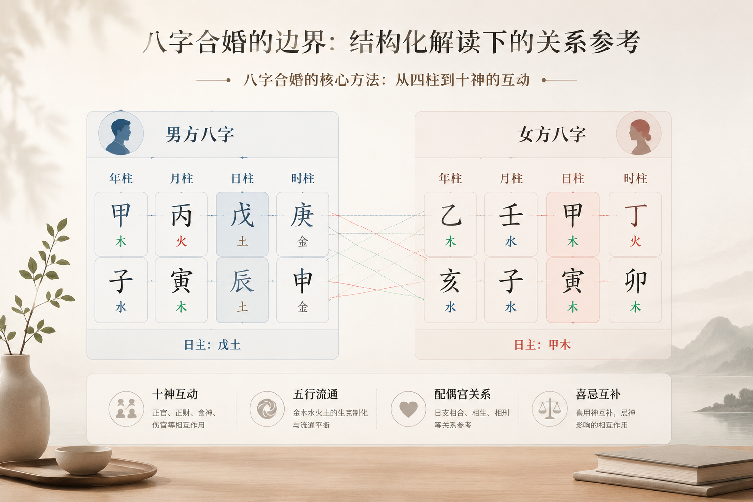 一张干净简约的八字排盘对比示意图，左侧为男方八字，右侧为女方八字，柱与柱之间用淡线连接，下方标注“十神互动”、“五行流通”等关键词，整体色调温和平静