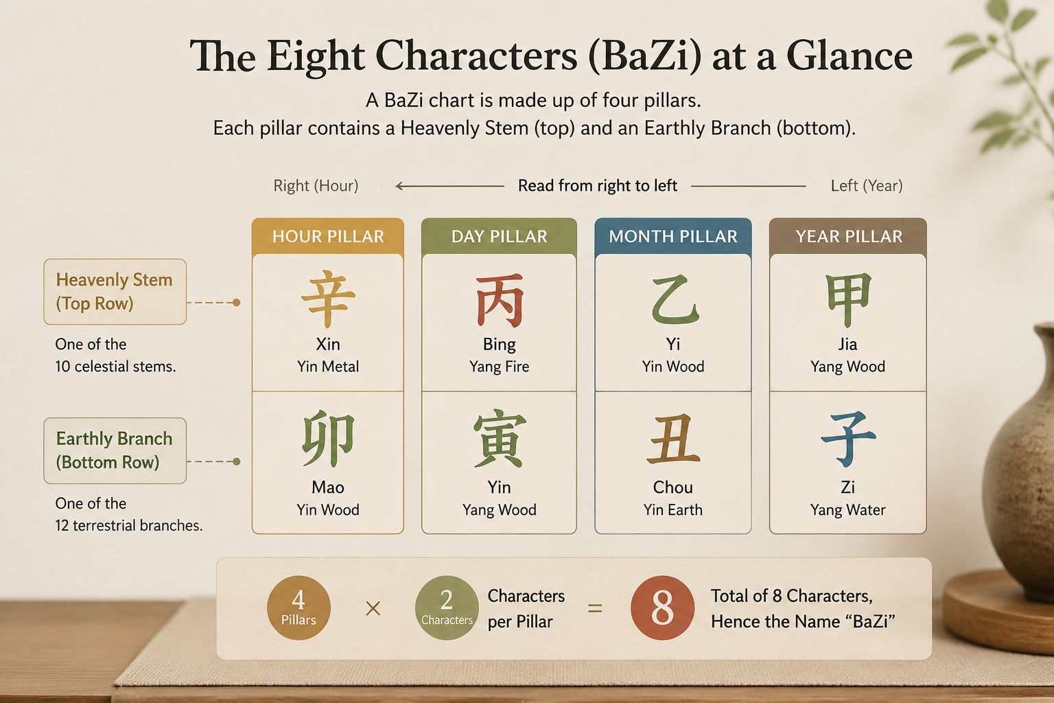 Clean editorial diagram of a BaZi chart with four pillars labeled Year, Month, Day, Hour; each pillar shows a Heavenly Stem above an Earthly Branch.