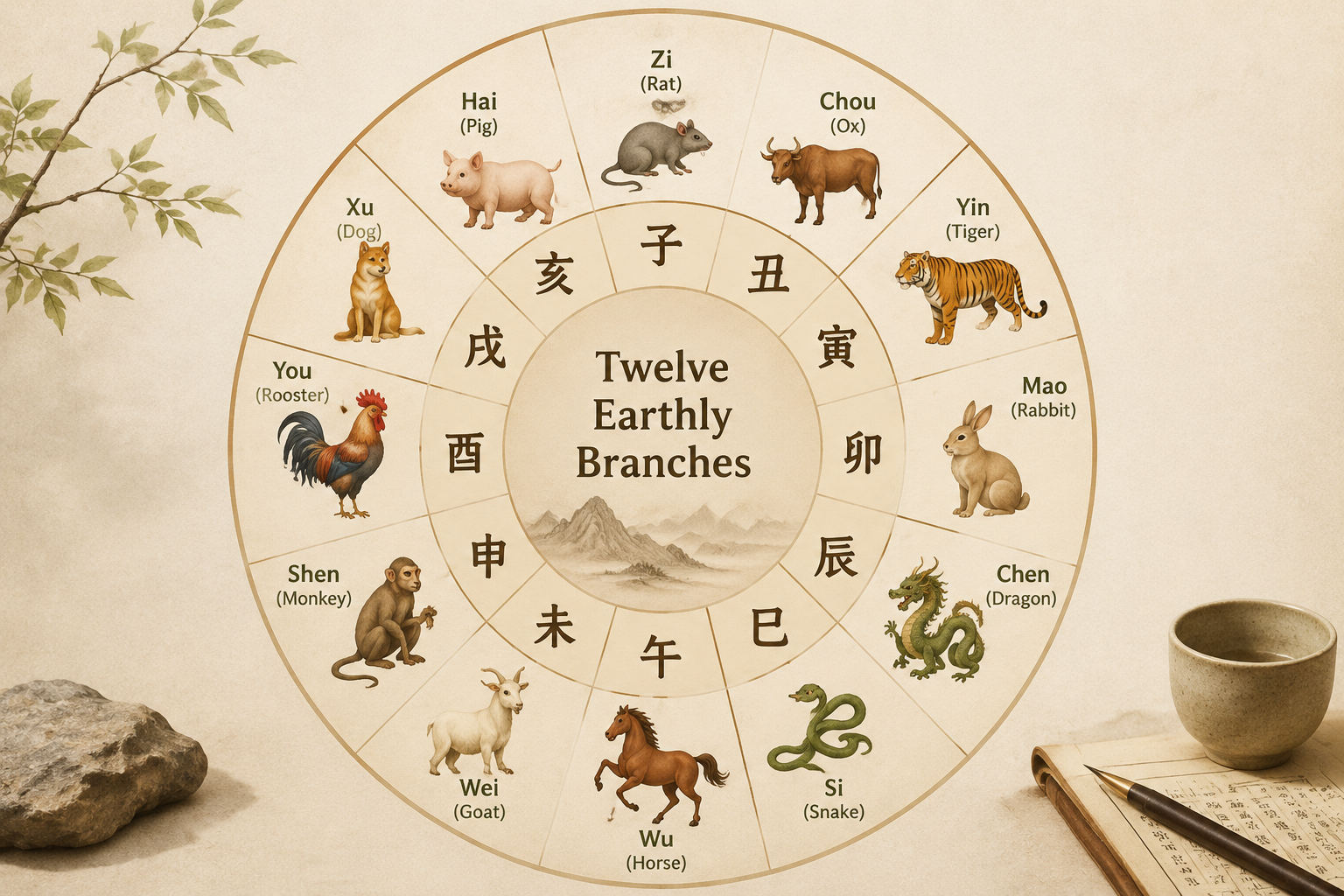A clean circular diagram of the twelve Earthly Branches with animal icons and Chinese characters, arranged in a clock-like layout, in warm earthy tones