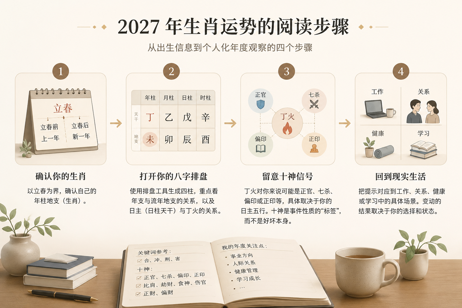A step-by-step visual flow showing how to go from birth date to BaZi chart to yearly observations, with simple icons for each stage