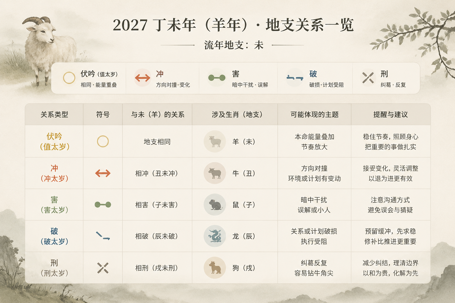 A low-contrast table showing the relationships between Wei and other Earthly Branches, with symbols for value, clash, harm, break, and punishment, using muted ink-wash colors