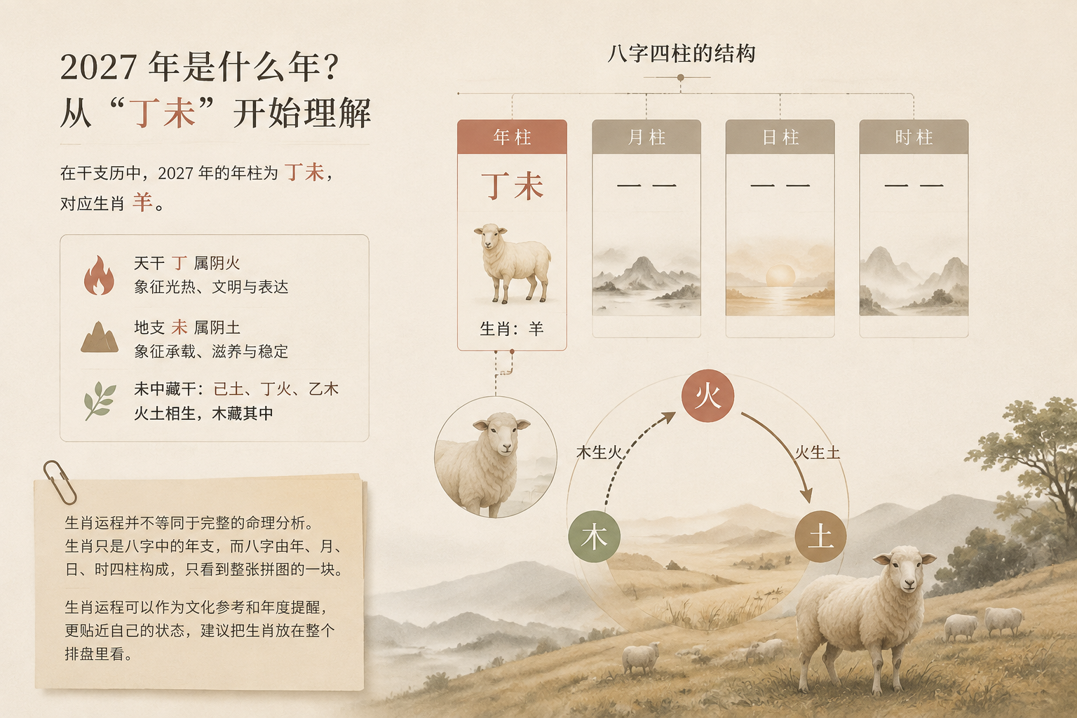 An editorial diagram showing the four pillars of BaZi, highlighting the year pillar with the character Ding Wei and the zodiac sheep, in restrained warm neutral colors