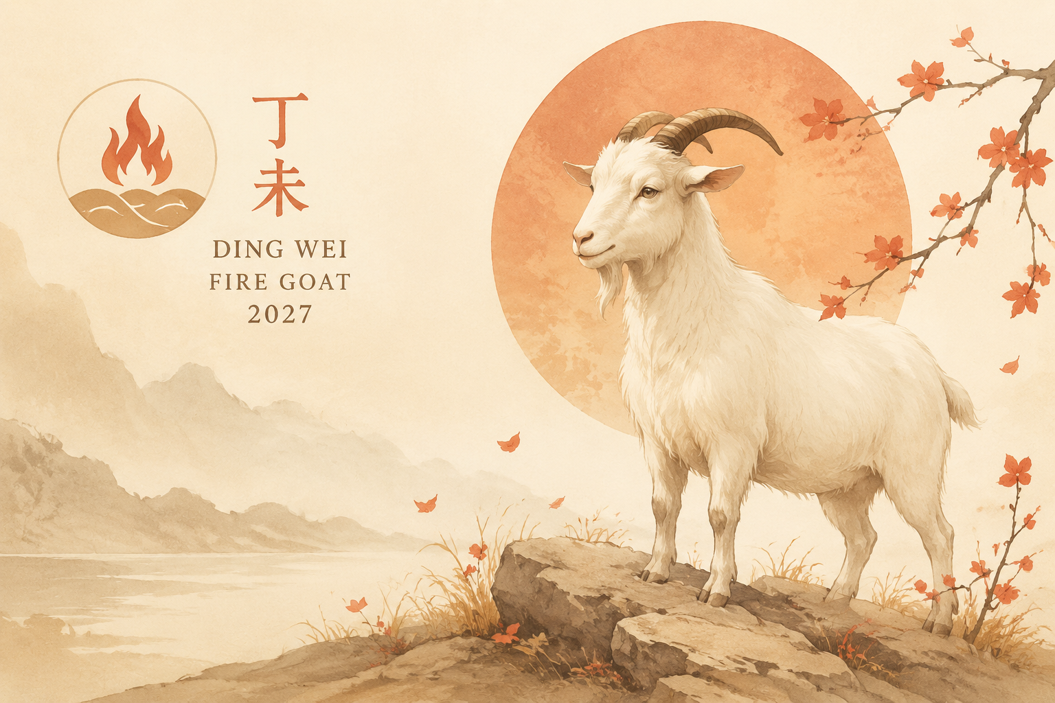 A quiet editorial illustration of a Fire Goat (Ding Wei) symbolic representation, soft warm tones, minimal style