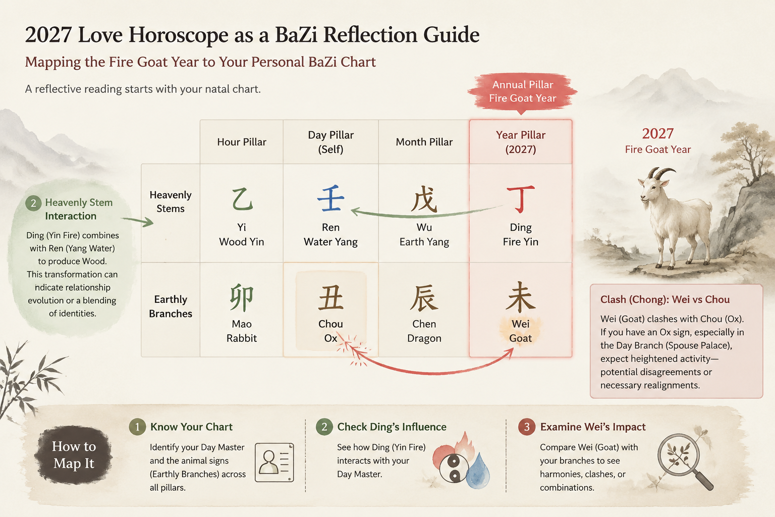 A BaZi chart diagram with annual pillar highlighted and soft ink-wash annotations illustrating interaction with personal pillars