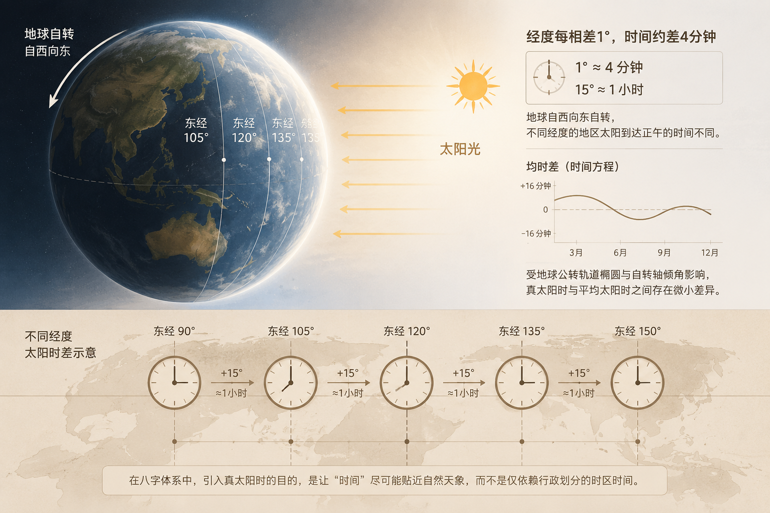 地球自转与经度导致的太阳时差示意图，简洁天文风格
