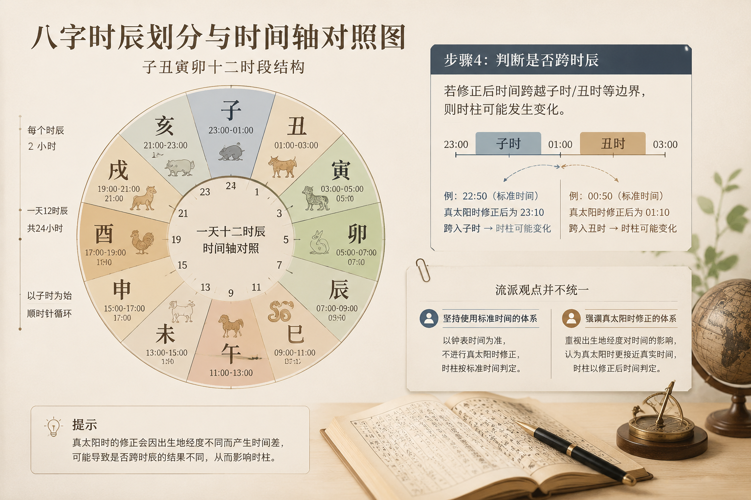 八字时辰划分与时间轴对照图，展示子丑寅卯十二时段结构