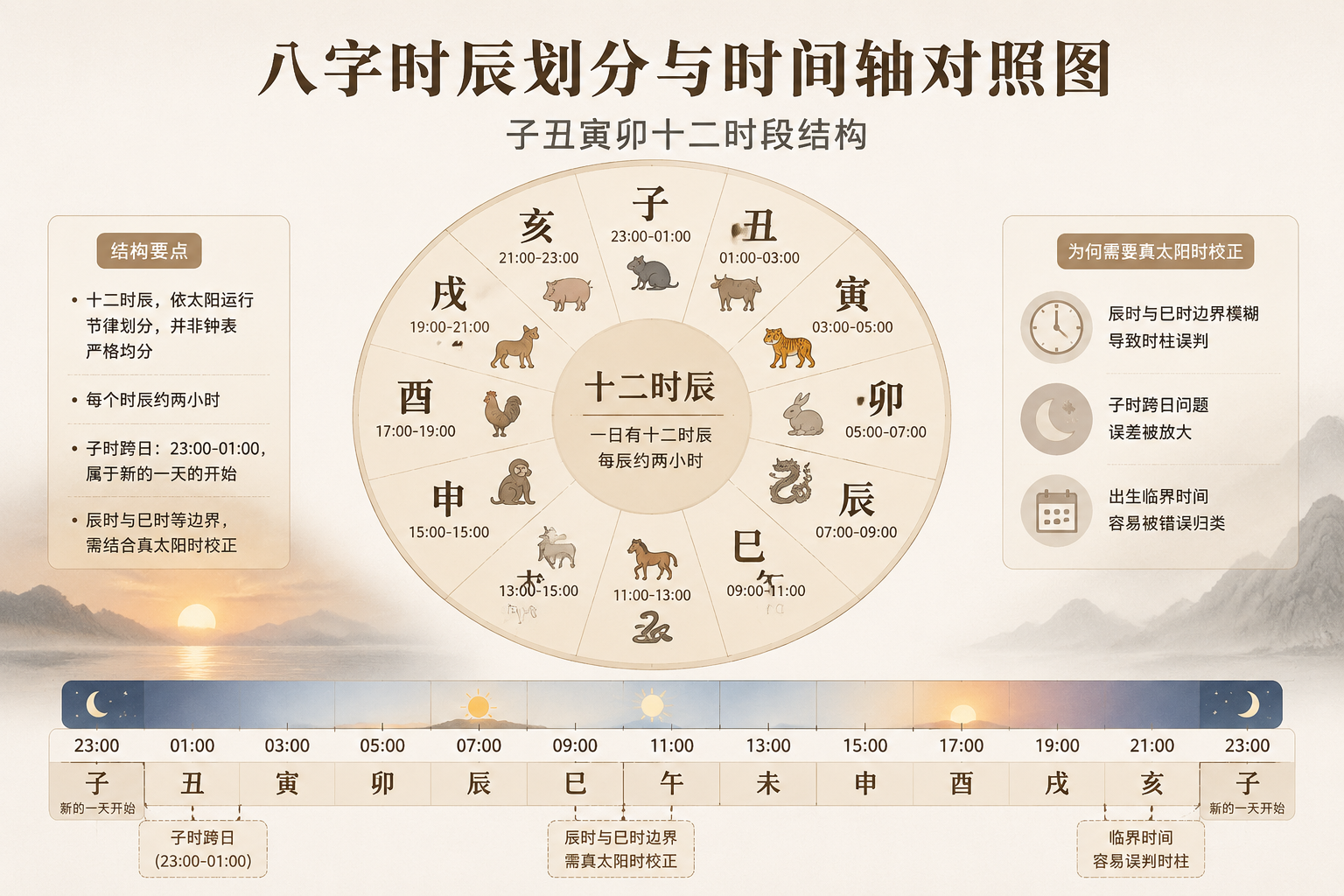 八字时辰划分与时间轴对照图，展示子丑寅卯十二时段结构