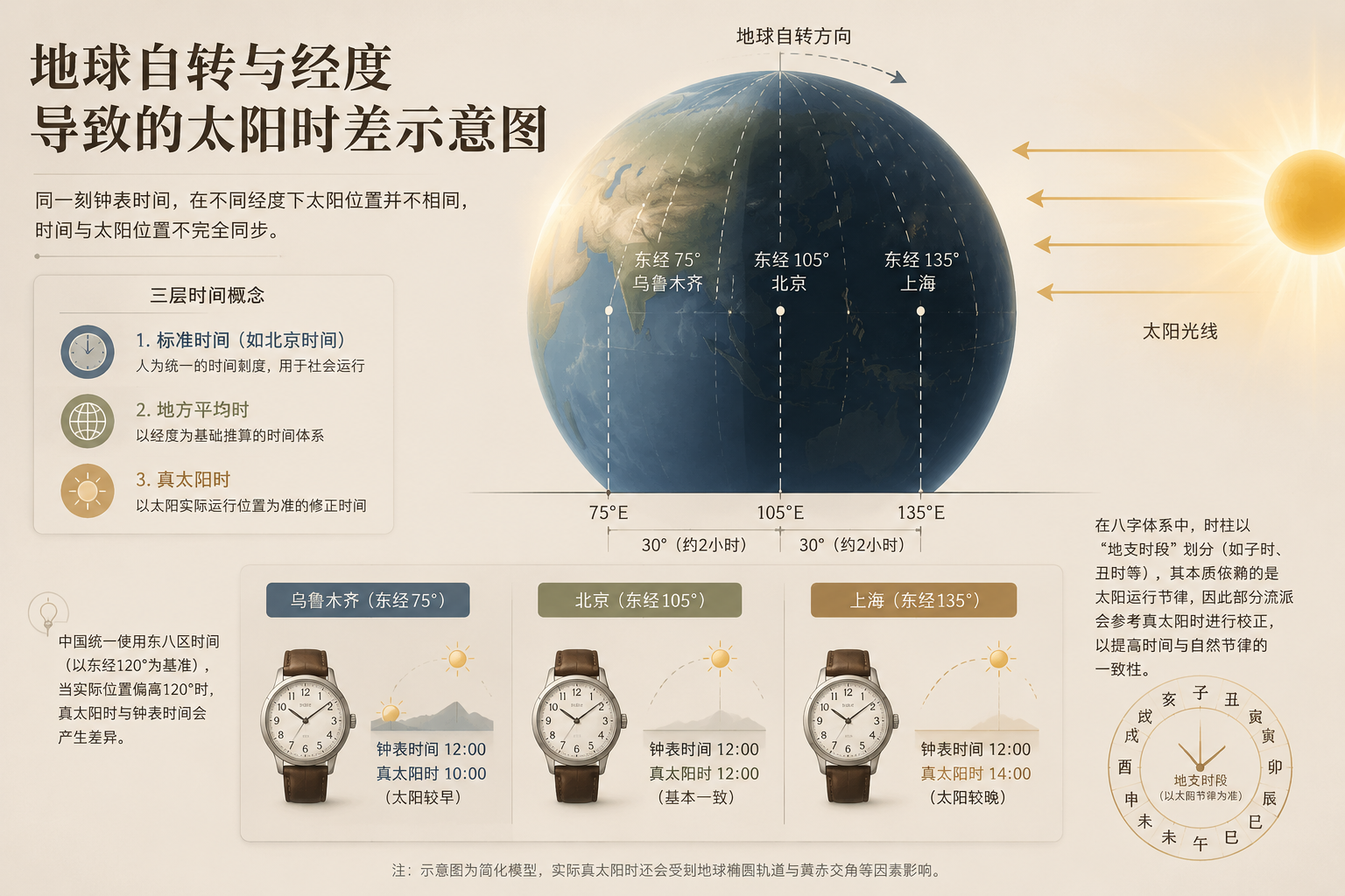 地球自转与经度导致的太阳时差示意图，简洁天文风格