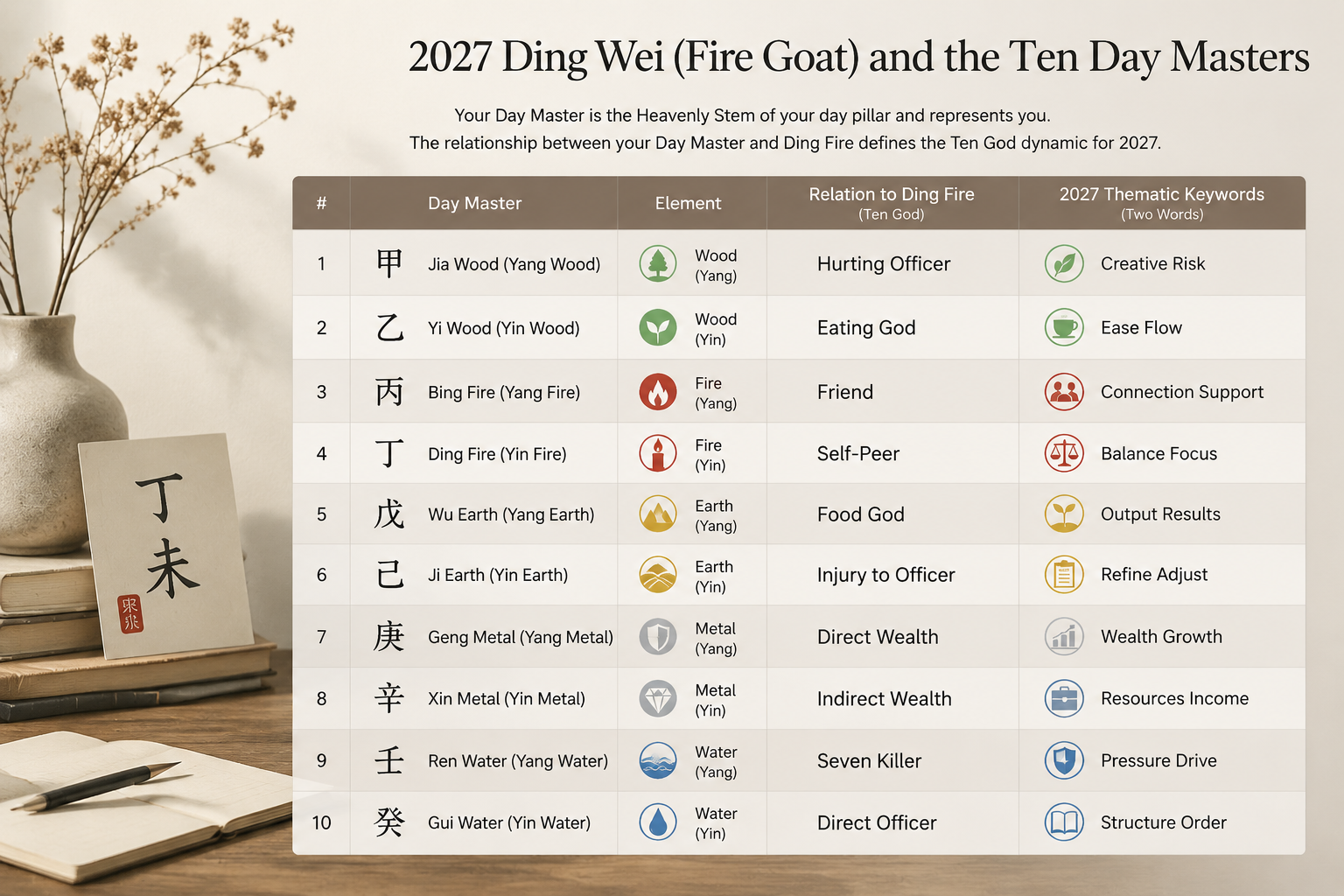 A quiet editorial table listing the ten Day Masters and their primary Ten God relationships to 2027 Ding Wei, with two-word thematic keywords for each. Soft neutral background, clear labels.
