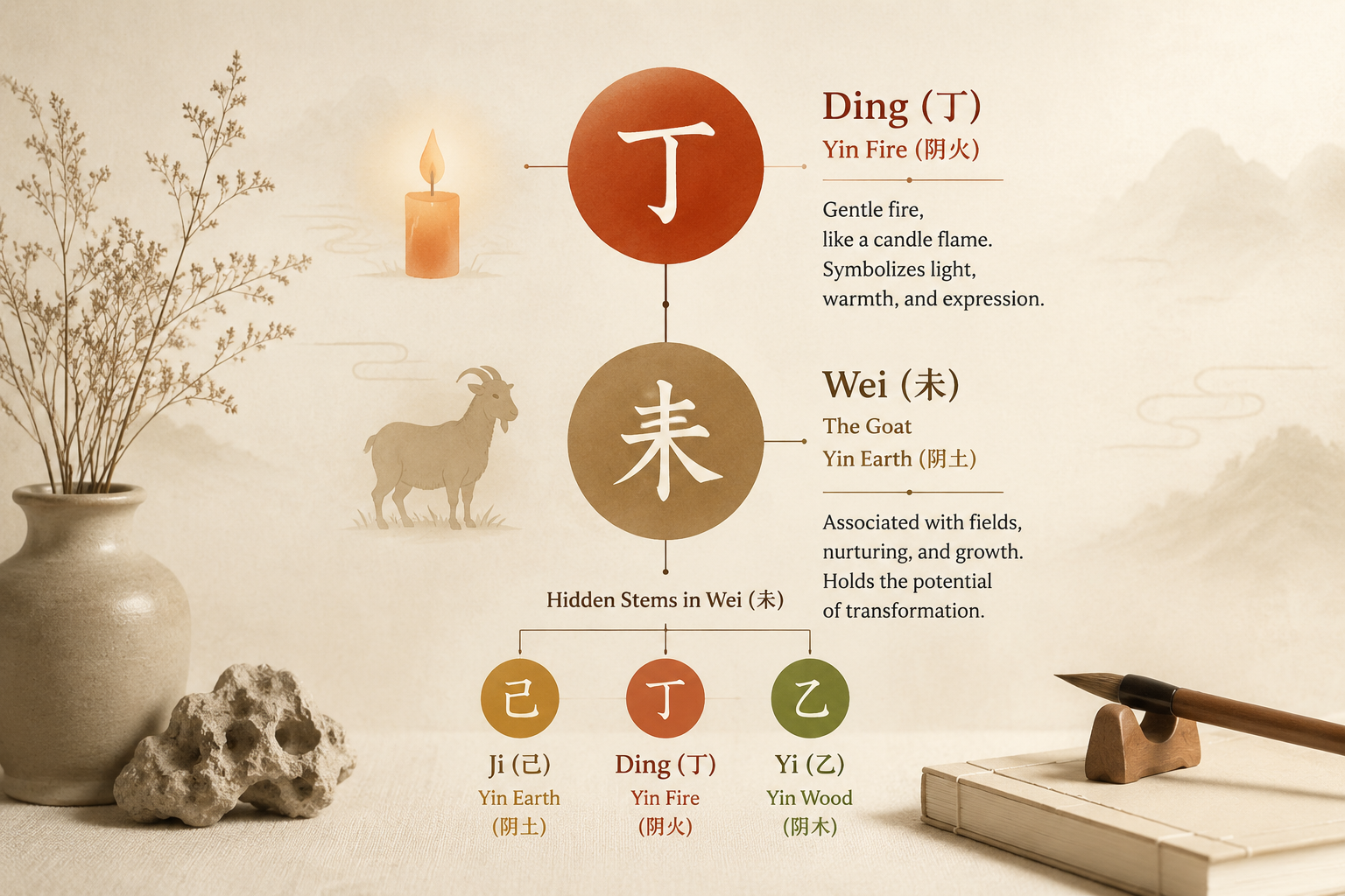 A clean editorial diagram showing the heavenly stem Ding (yin fire) above the earthly branch Wei (goat). The branch is annotated with its hidden stems Ji, Ding, and Yi in a soft warm-neutral palette.