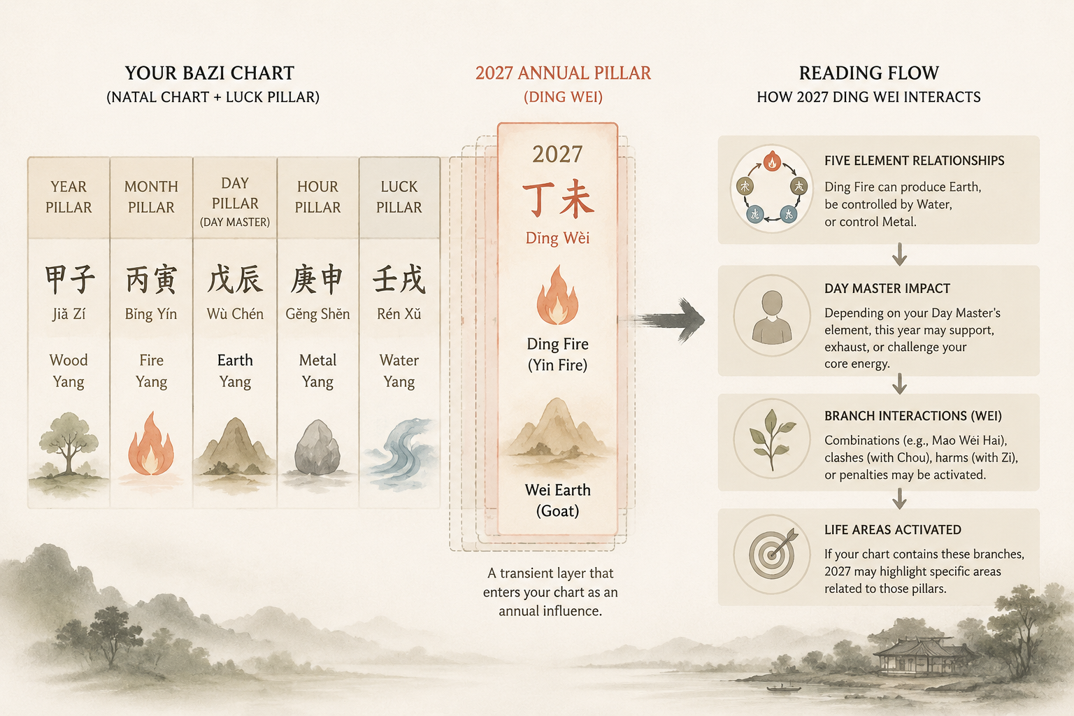 A horizontal flow diagram showing a personal four-pillar chart on the left, the 2027 Ding Wei pillar being layered over it, and an arrow pointing to a reading flow on the right. Use gentle ink-wash lines, no mystique.