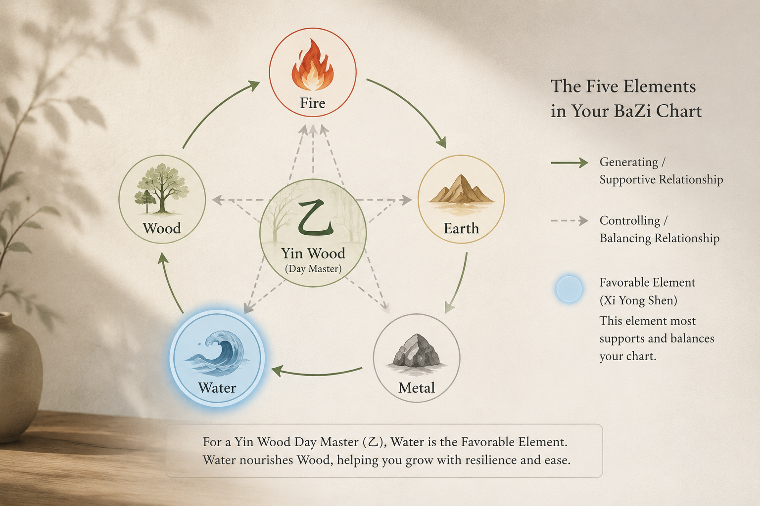 A restrained editorial diagram of a BaZi chart with the Day Master (Yin Wood) placed at the center, surrounded by the other Five Elements. The Favorable Element is softly highlighted, and simple arrows indicate supportive and balancing relationships without mystic embellishment.