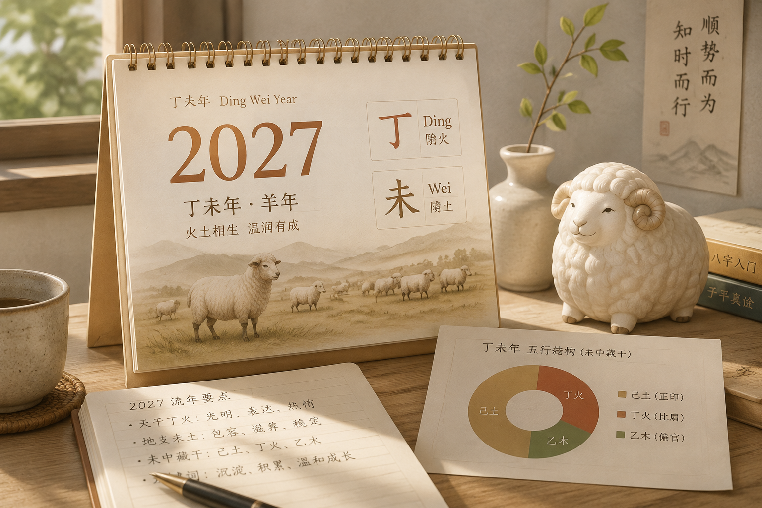 Editorial illustration of a desk calendar for 2027, with the characters Ding and Wei, a sheep motif, and a small chart annotation in warm neutral tones