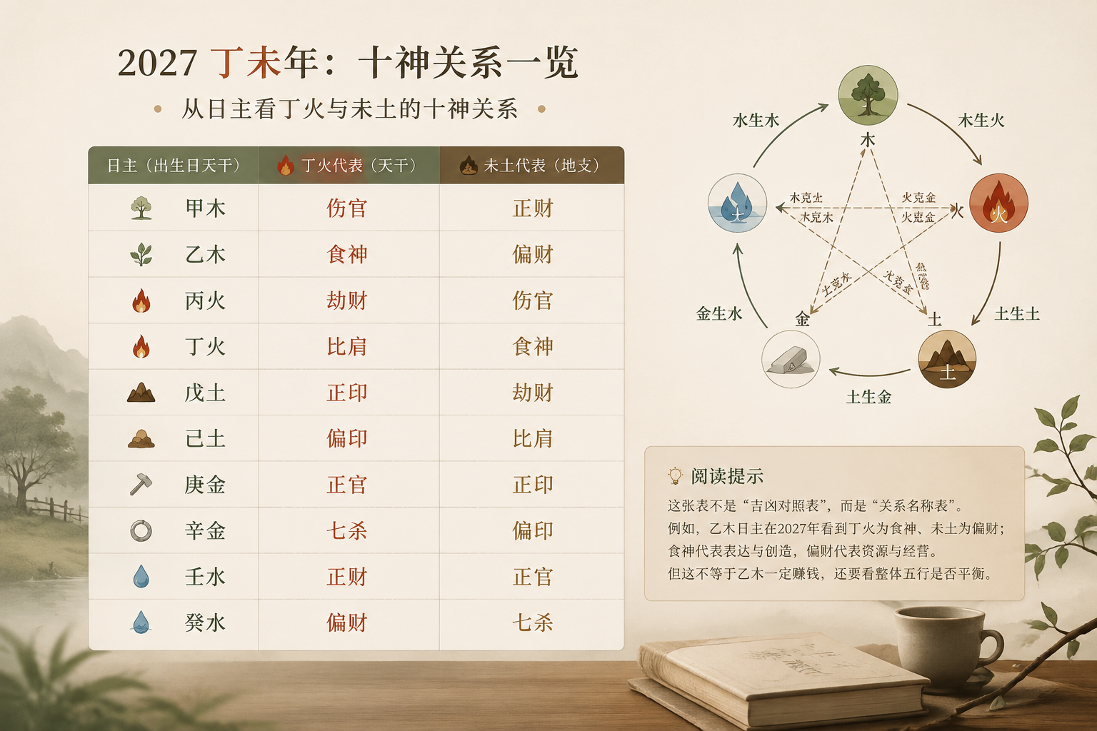 Calm comparison layout showing Ten Gods relations for the Ding Wei year, with five element cycles drawn in a restrained style