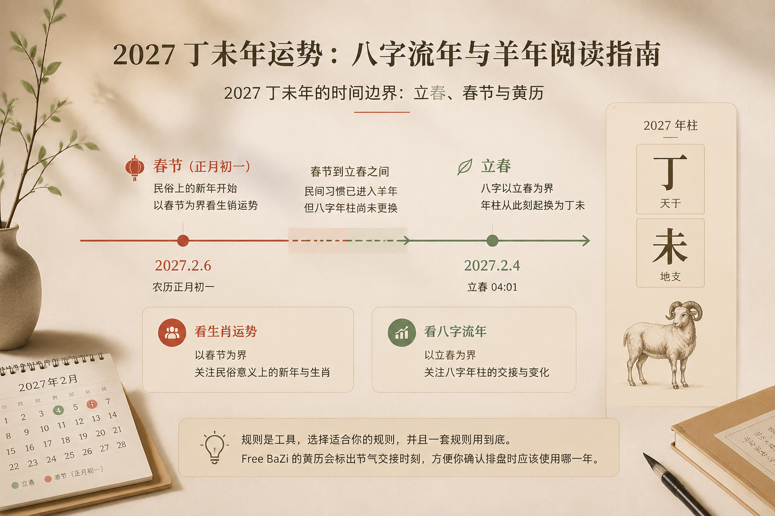 Timeline diagram showing the difference between Chinese New Year and Li Chun, with the stem-branch characters Ding and Wei on the right side