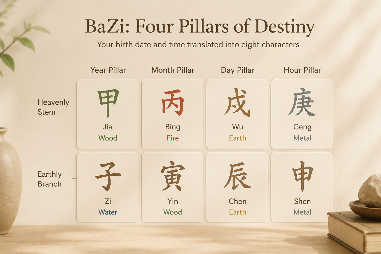 A clean diagram of a BaZi chart showing four pillars—Year, Month, Day, Hour—each with a Heavenly Stem and Earthly Branch character, arranged on a soft beige background with minimal labels.