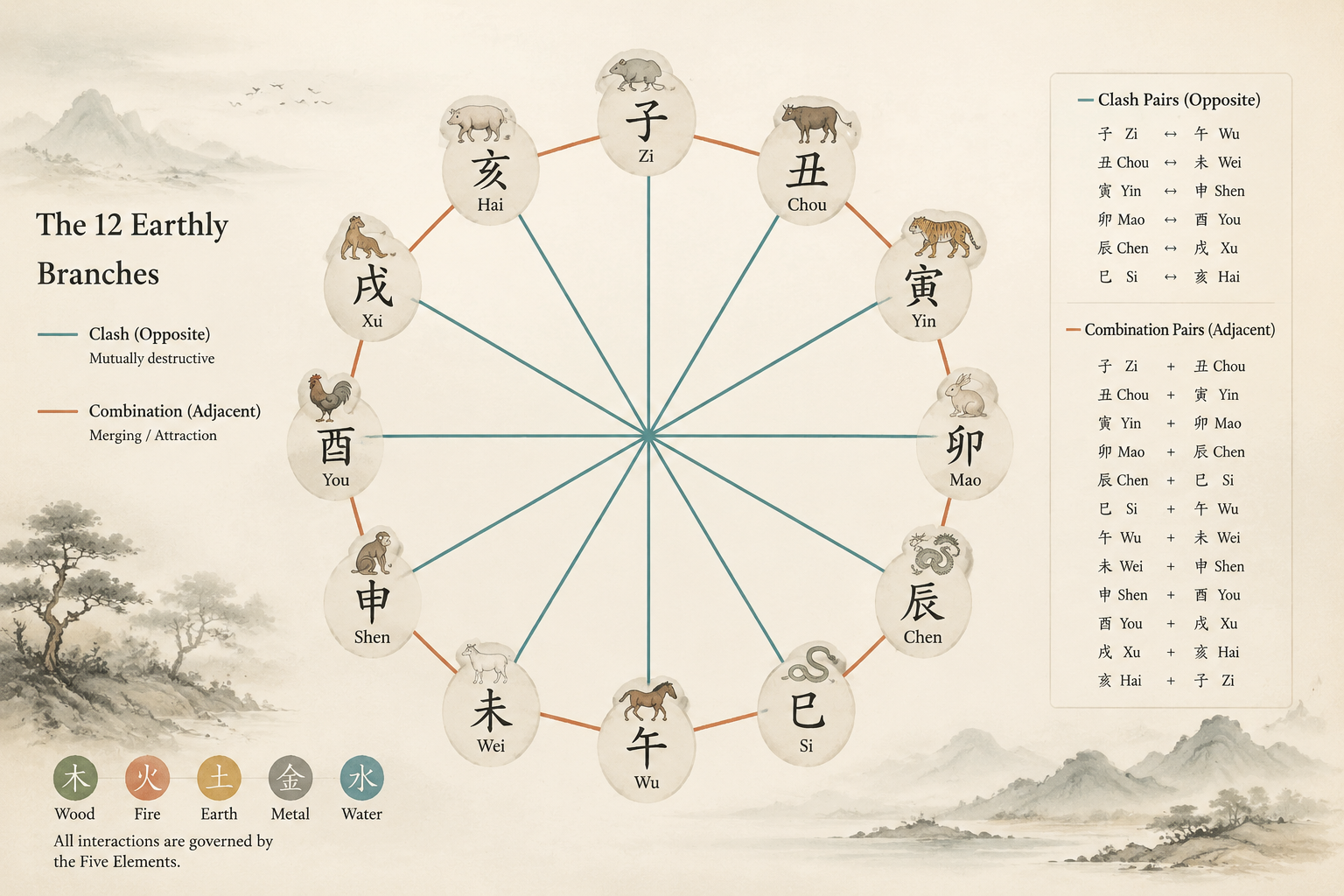 A soft ink-wash diagram showing the twelve Earthly Branches arranged in a circle, with lines connecting the six clash pairs (opposite) and the six combination pairs (adjacent), highlighted in muted teal and clay.
