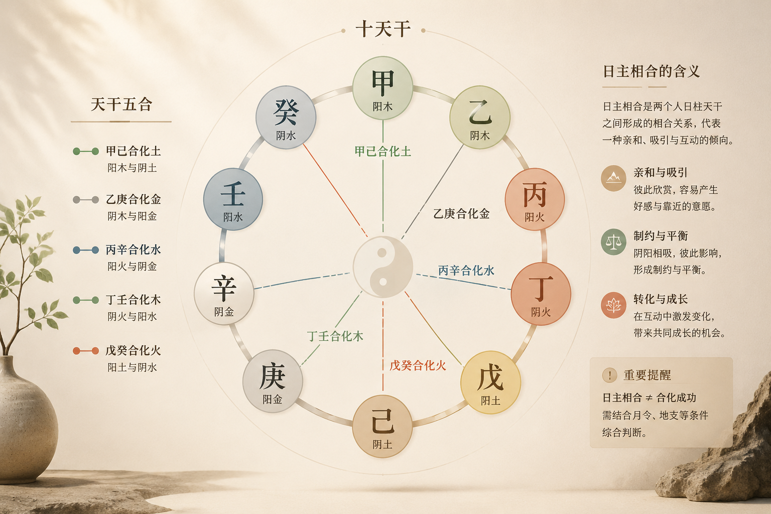 A circular diagram of ten Heavenly Stems showing combination links between Jia-Ji, Yi-Geng, Bing-Xin, Ding-Ren, Wu-Gui in soft neutral tones.