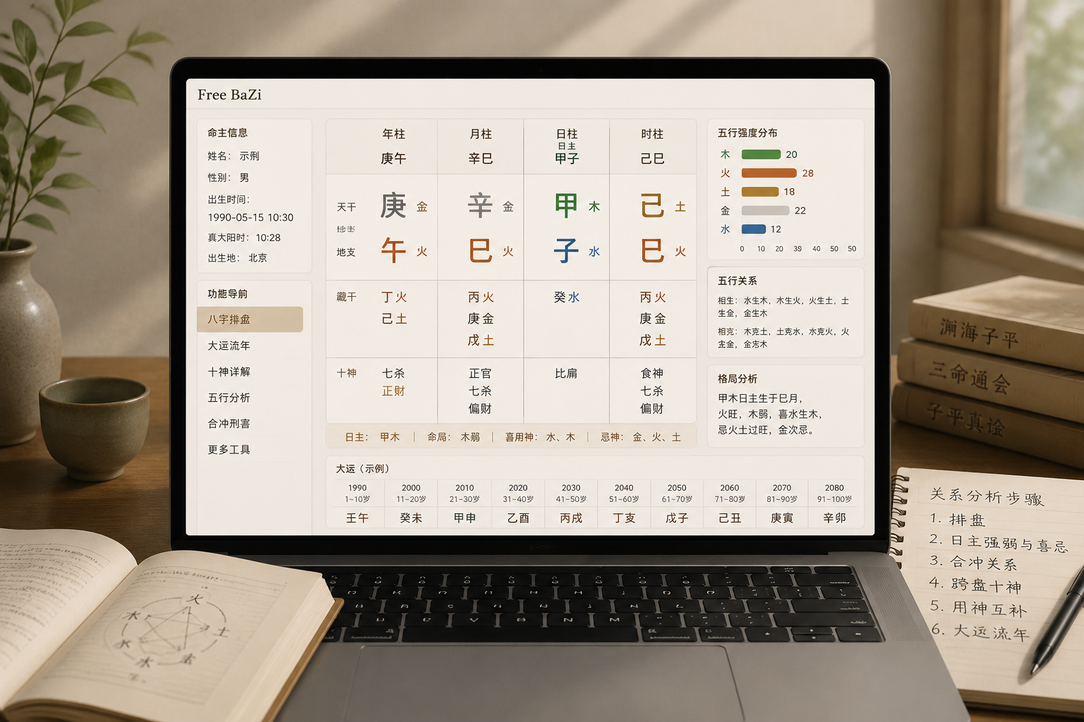 A calm screenshot from Free BaZi showing a four-pillar chart with Ten Gods and element balance, emphasizing the interface’s readability.
