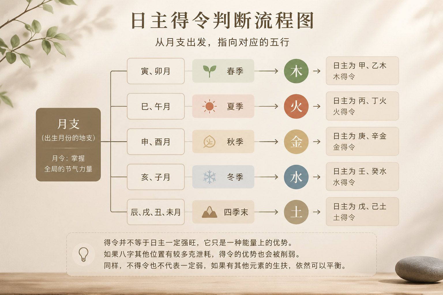 一个简化的日主得令判断流程图,从月支出发指向对应的五行,风格克制