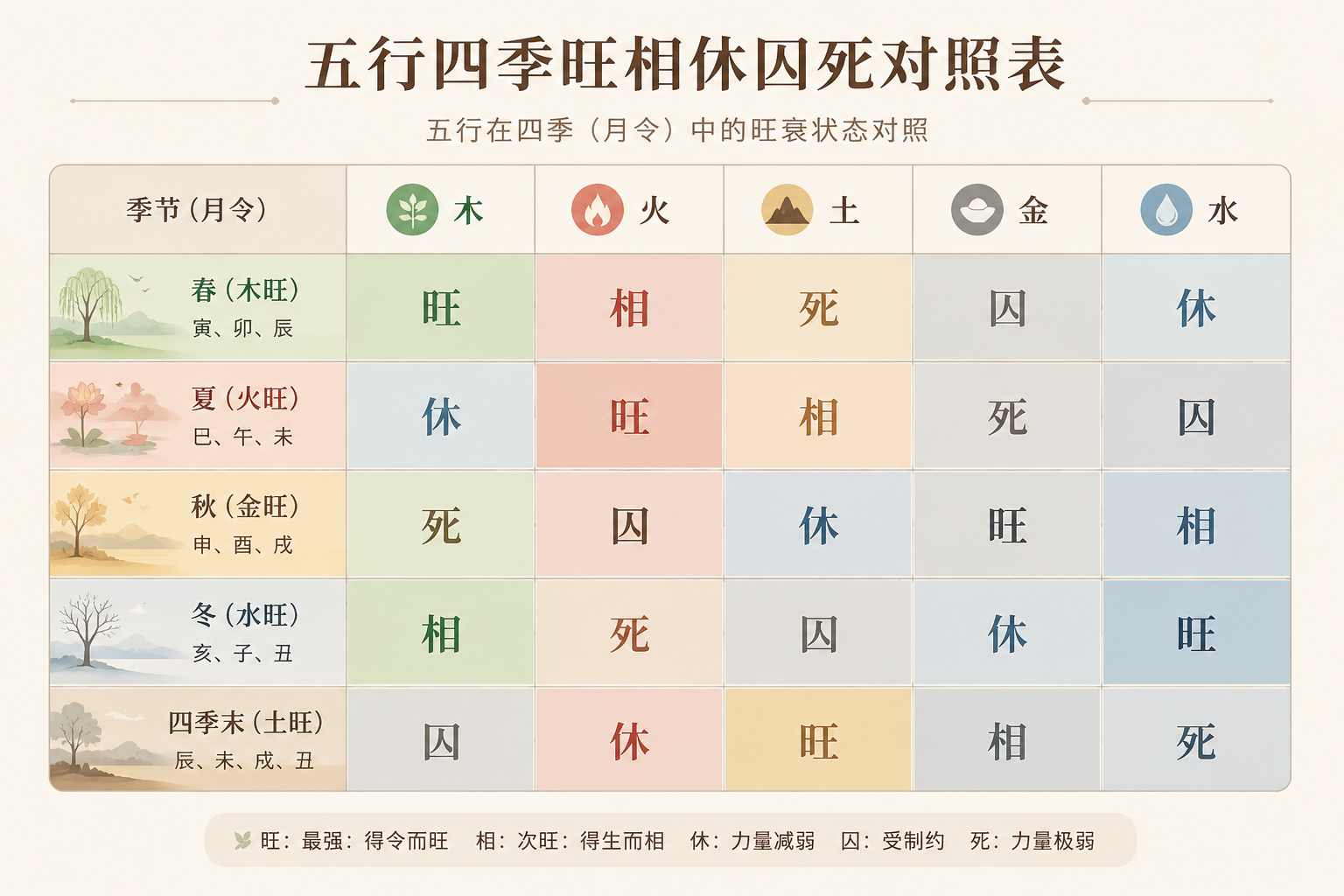一张简洁的五行四季旺相休囚死对照表,用柔和色块区分五行,避免神秘化符号