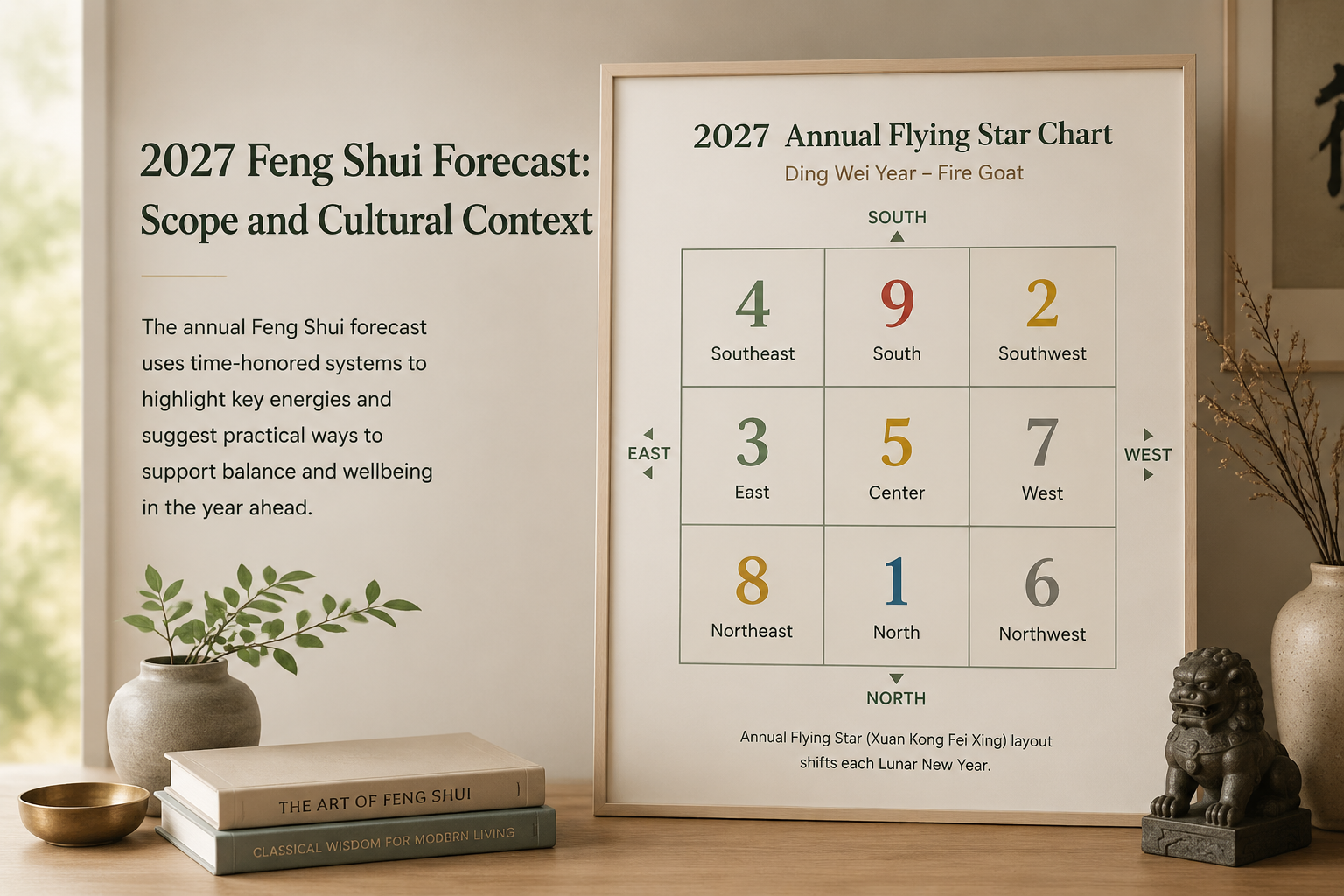 Annual Feng Shui chart diagram showing the nine Flying Star numbers placed in the 3x3 Lo Shu grid for 2027, with brief directional labels.
