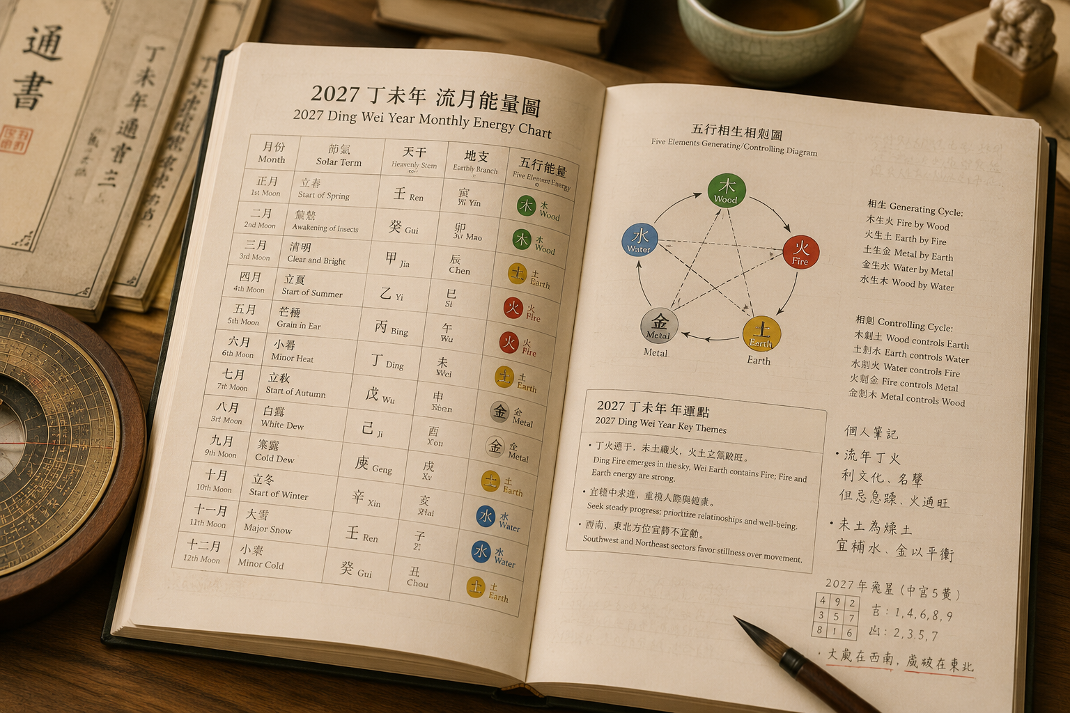 Traditional Chinese almanac page open to a monthly energy chart, with Five Element annotations and handwritten notes.