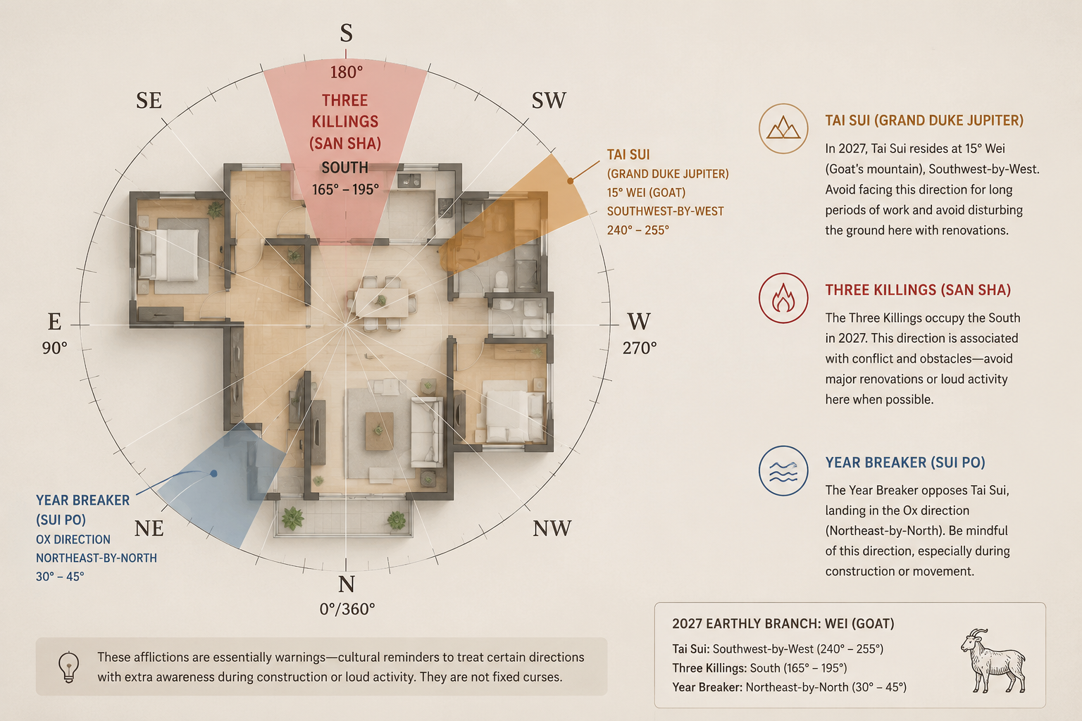 Compass diagram overlaid on a simple floorplan showing Tai Sui, Three Killings, and Year Breaker directions for 2027.