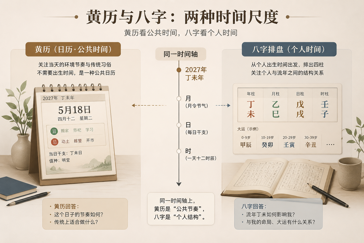 Comparison layout of two calendar routes, Huangli calendar and BaZi chart, with a single timeline in the center