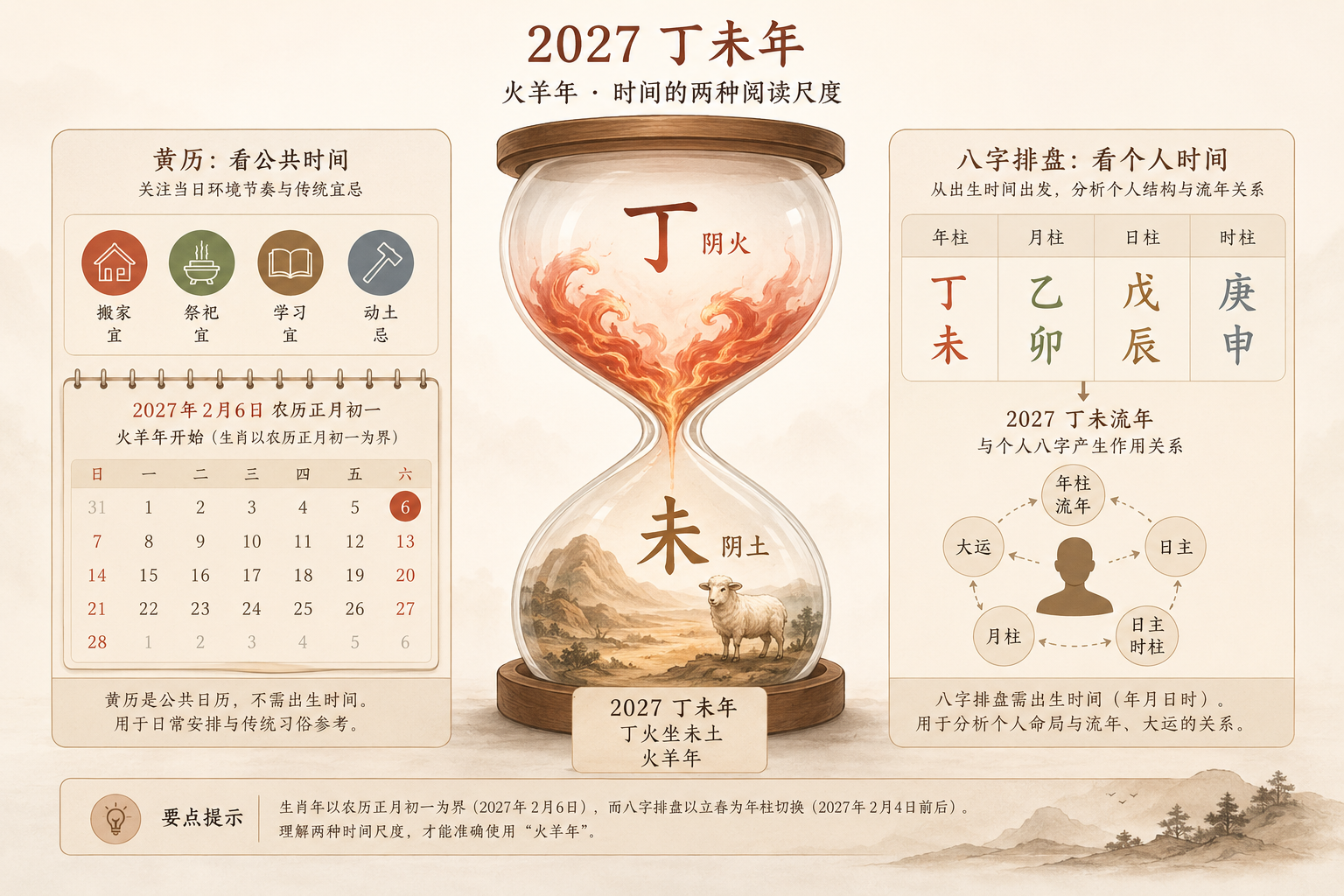 Editorial diagram of the 2027 year pillar, with Ding fire above and Wei earth below, hourglass-like flow, warm neutral tones