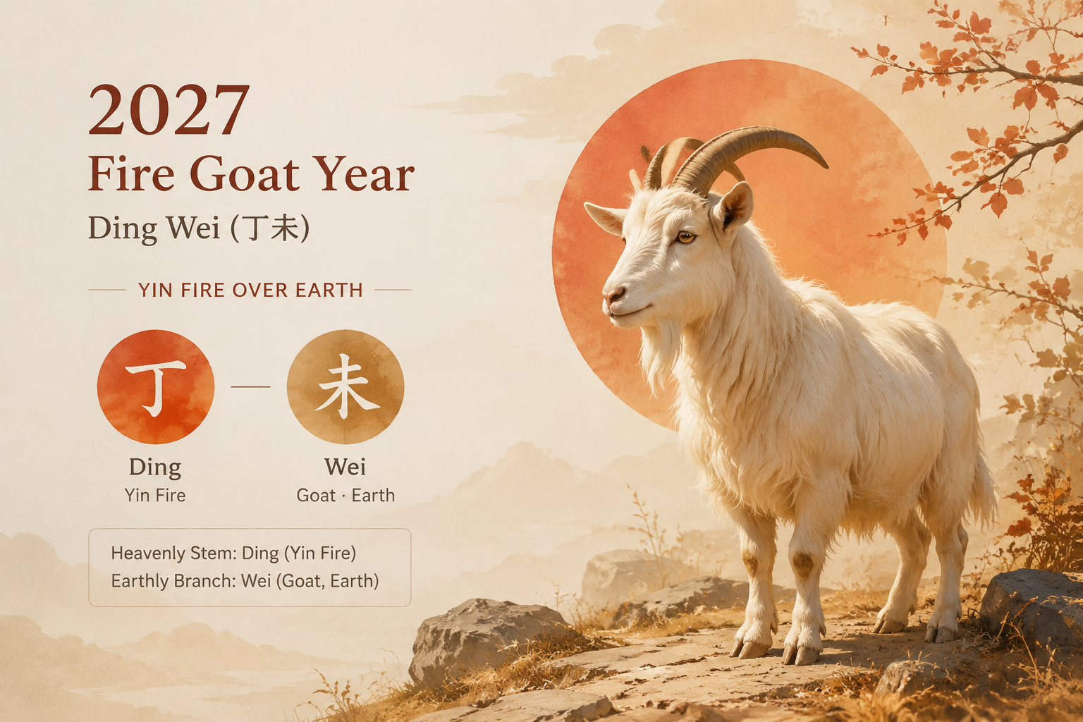 A restrained editorial illustration of the Fire Goat (Ding Wei) and its elemental composition — Yin Fire over Earth, soft warm tones, no mysticism.