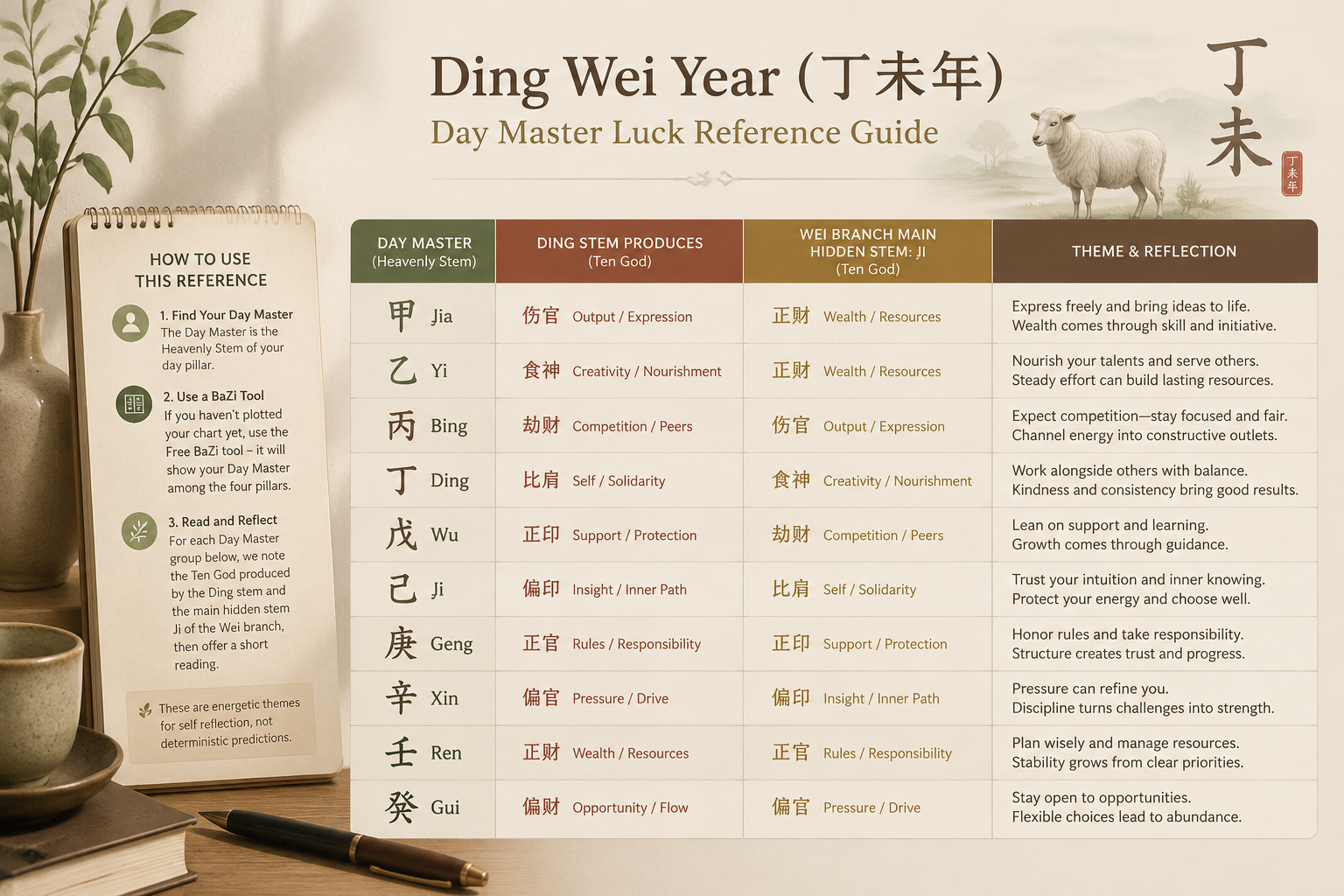 Ten Day Masters (Jia through Gui) with Ding Wei interactions as a structured reference