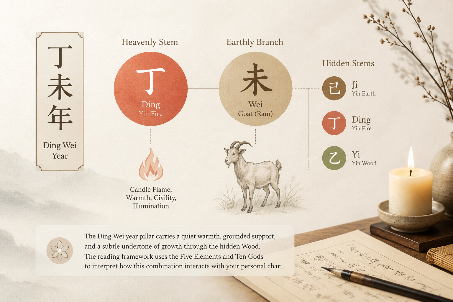 Diagram of Ding Wei year pillar showing Heavenly Stem Ding, Earthly Branch Wei, and hidden stems Ji, Ding, Yi