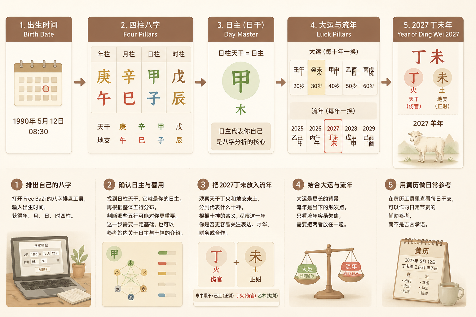 An editorial diagram showing the flow from birth date to Four Pillars, then Day Master, then luck pillars, then 2027 Ding Wei Year output, with clean arrows and warm neutral palette