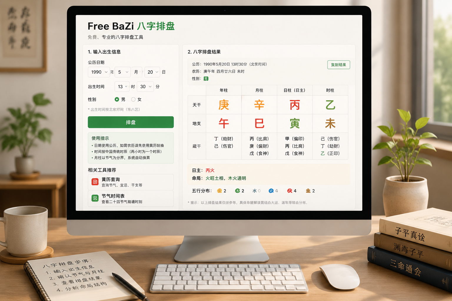 电脑屏幕上显示 Free BaZi 八字排盘页面，左上方有出生日期输入框和“排盘”按钮，右侧展示了八字四柱和天干地支的示例图表