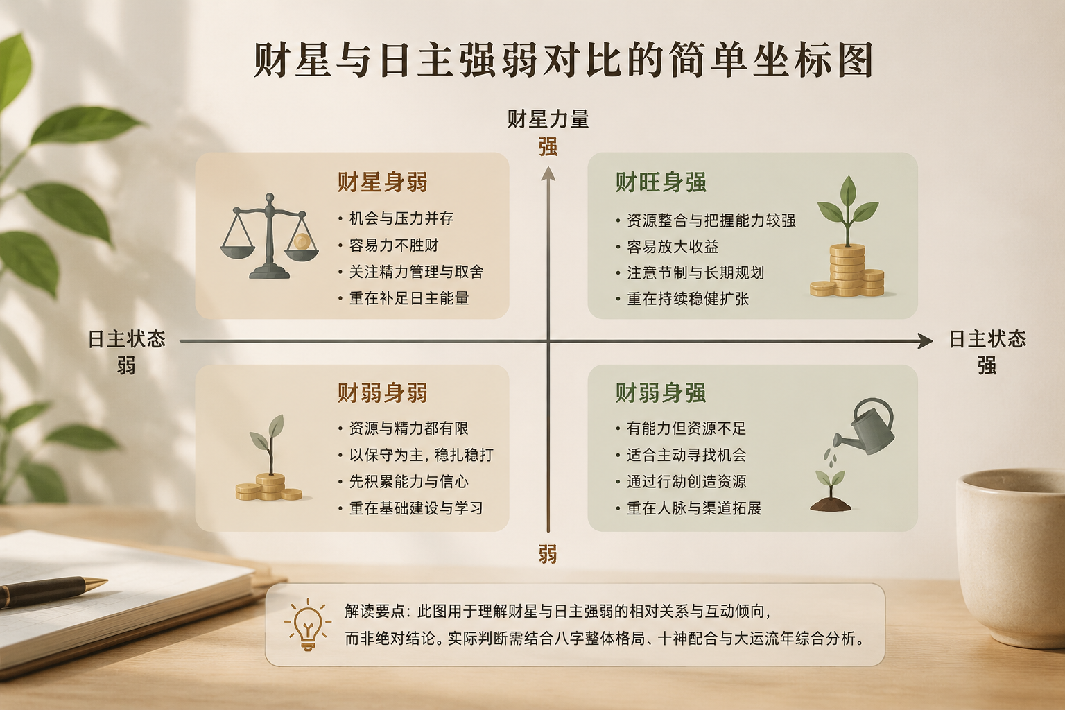 财星与日主强弱对比的简单坐标图,纵轴表示财星力量,横轴表示日主状态,四个象限分别标注经典解读要点而非绝对结论