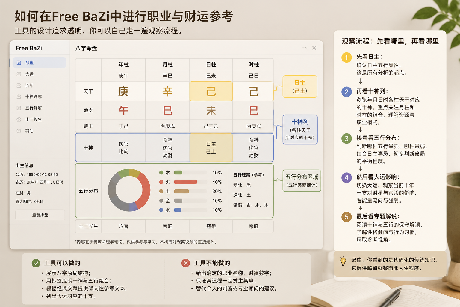 Free BaZi工具界面截图局部,标注日主、十神列和五行分布区域,配以文字框说明用户先看哪里再看哪里