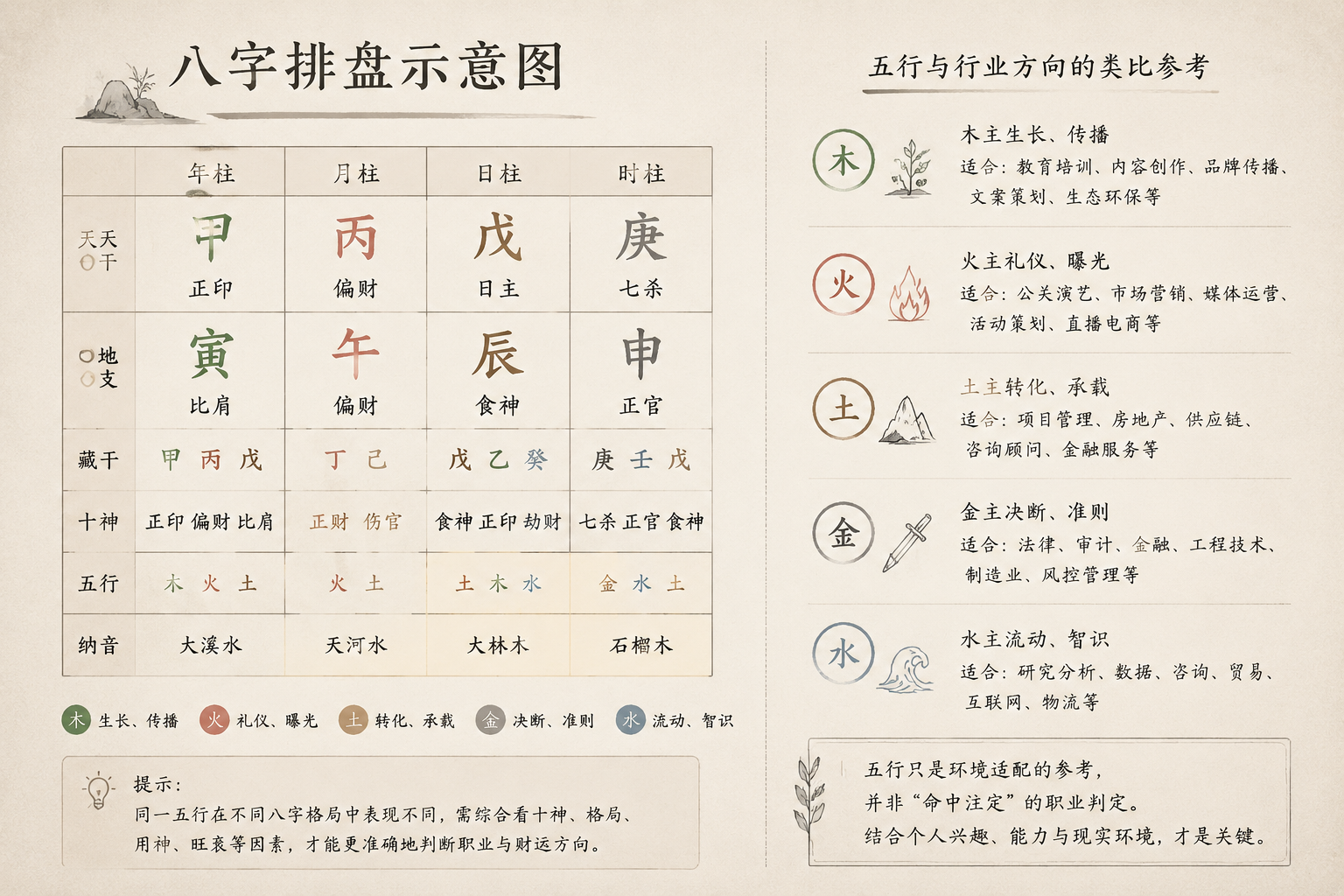 安静的八字排盘示意图,十神与五行标注清晰,旁边附有简短行业类比手写体注释,整体采用米灰色调与低对比度墨线风格