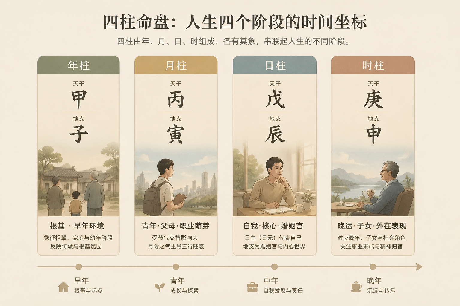 A quiet editorial diagram showing four pillars arranged horizontally with Chinese characters, soft neutral tones, no mystical symbols.