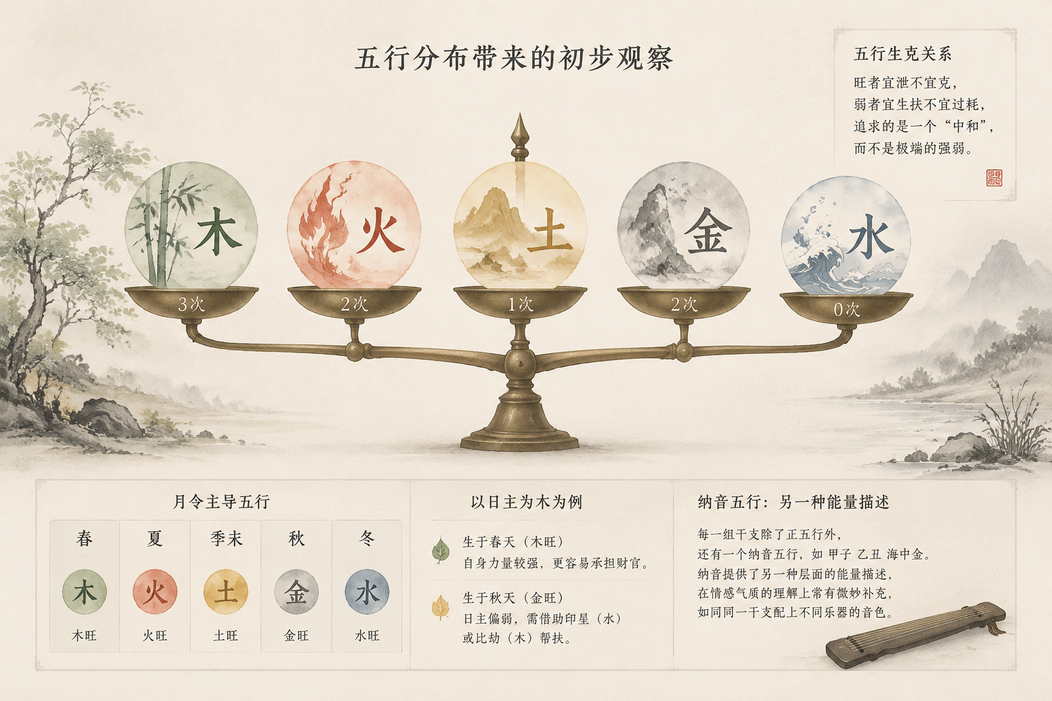 A subtle ink-wash style chart showing the balance scale of five elements with soft earthy colors, quiet and editorial.