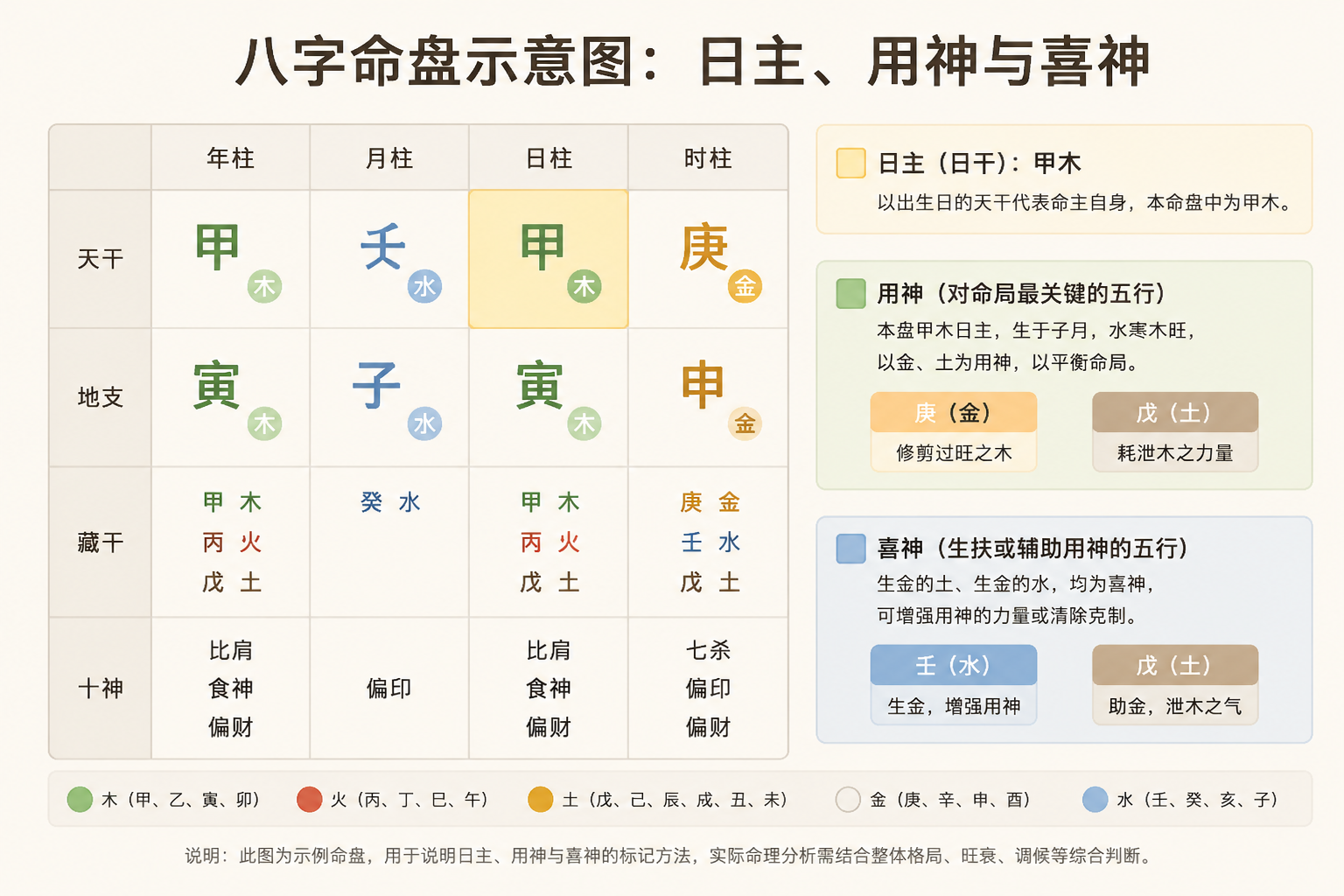 八字命盘示意图,用淡色方块标记出日主,再以不同颜色高亮出用神与喜神所在的干支五行,画面干净、无炫光