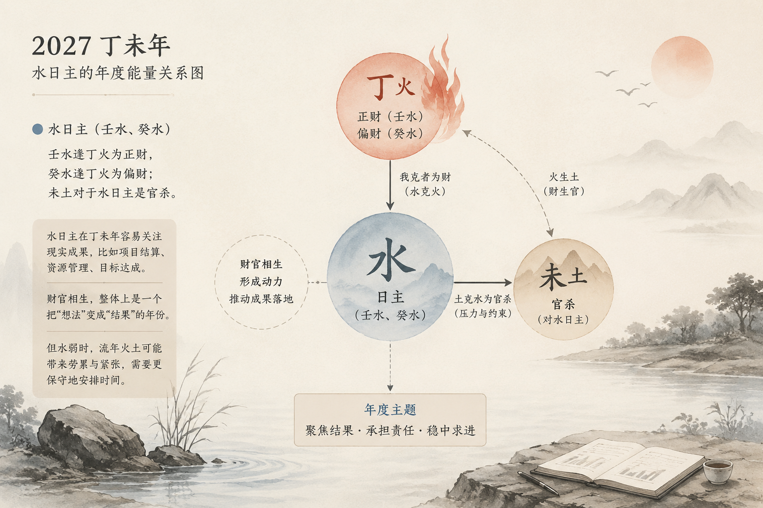 Subtle diagram of Ten Gods relationships between flow-year Heavenly Stem and Day Master, with soft ink-wash style.