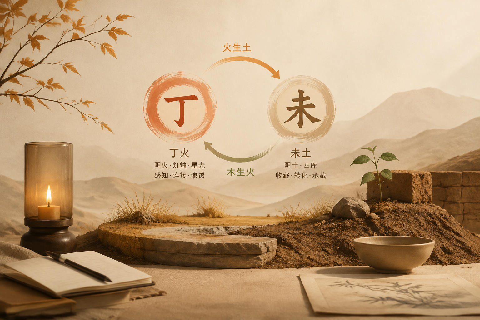 Editorial illustration of 2027 Ding Wei year pillar, showing Ding fire and Wei earth with a calm landscape in warm neutral tones.
