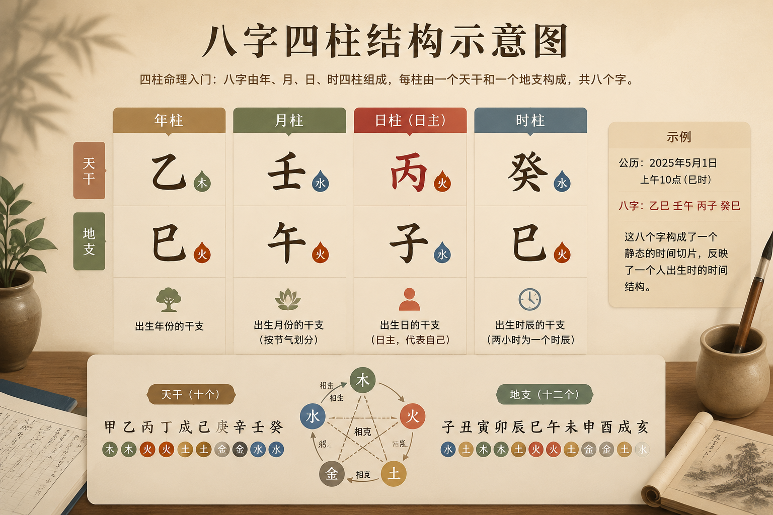 八字四柱结构示意图，展示年柱、月柱、日柱、时柱以及天干地支的组合