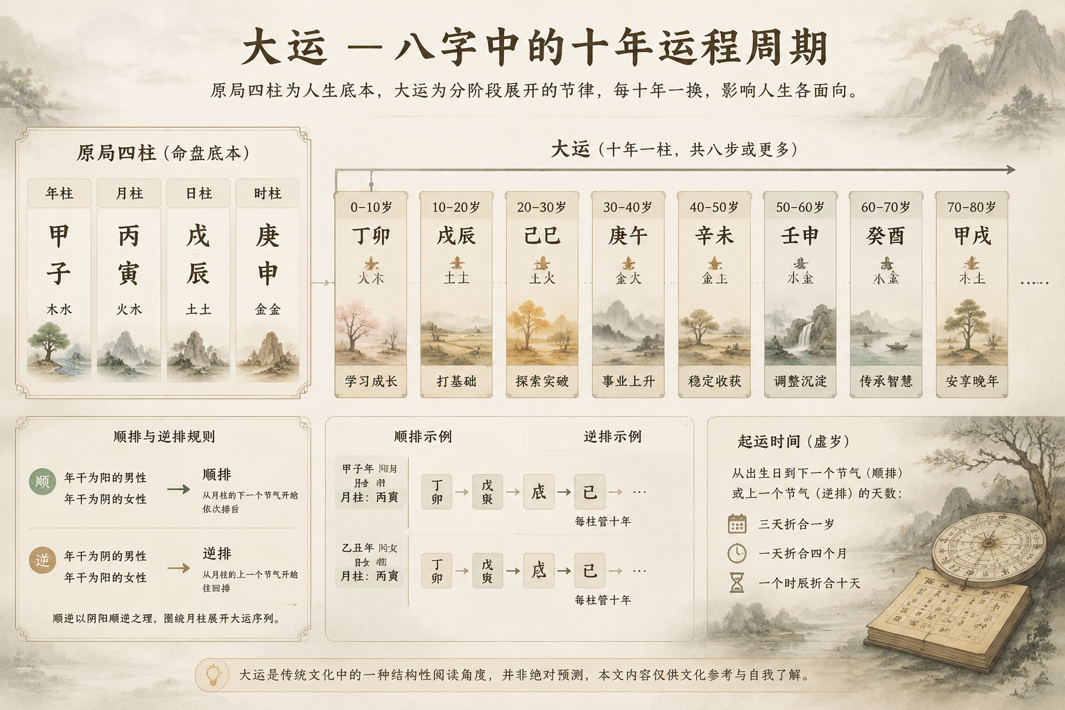 Quiet editorial diagram showing the concept of a BaZi chart with four pillars, from which the Luck Pillars extend like ten-year chapters, in restrained ink-wash style